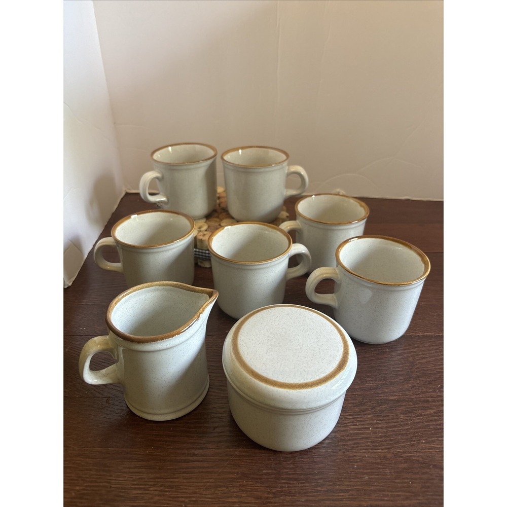 Vintage Beige With Brown Edge Stoneware Cream, Sugar & 6 Cup Set Made In Japan